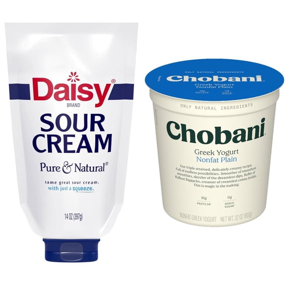 Chobani Non-Fat Greek Yogurt Plain 32 oz Daisy Sour Cream 14 oz Squeeze Pouch Bundle