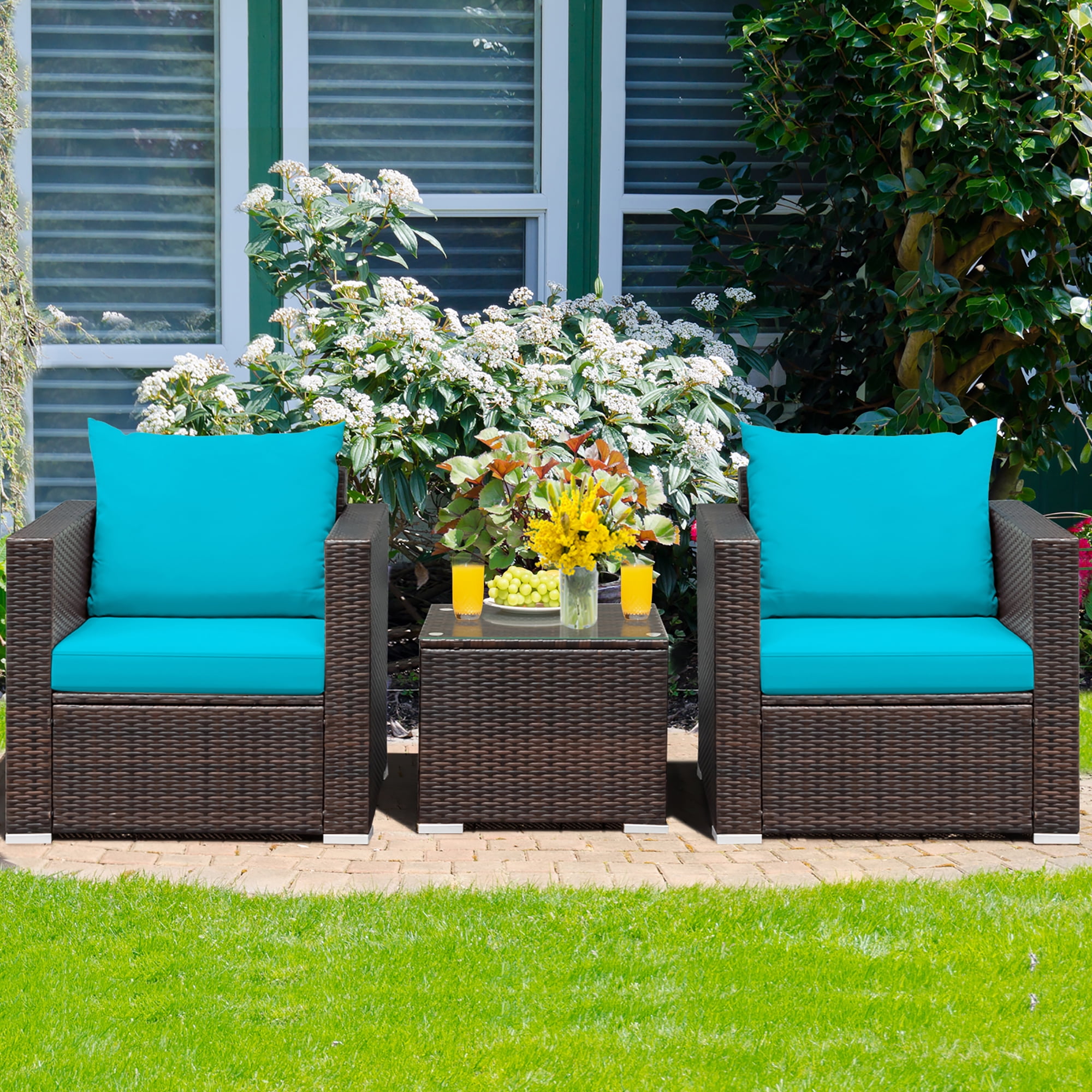 Costway 3PCS Patio Rattan Furniture Set Conversation Sofa Cushioned Turquoise