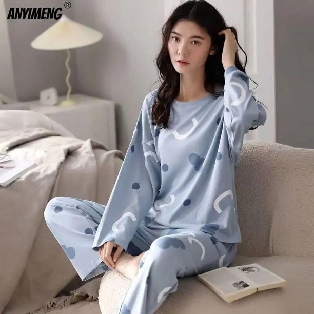 Conjunto de pijama de talla grande para mujer, ropa de dormir con estampado Kawaii, y cuello redondo de manga larga, a la moda, para otoño y primavera, M-5XL