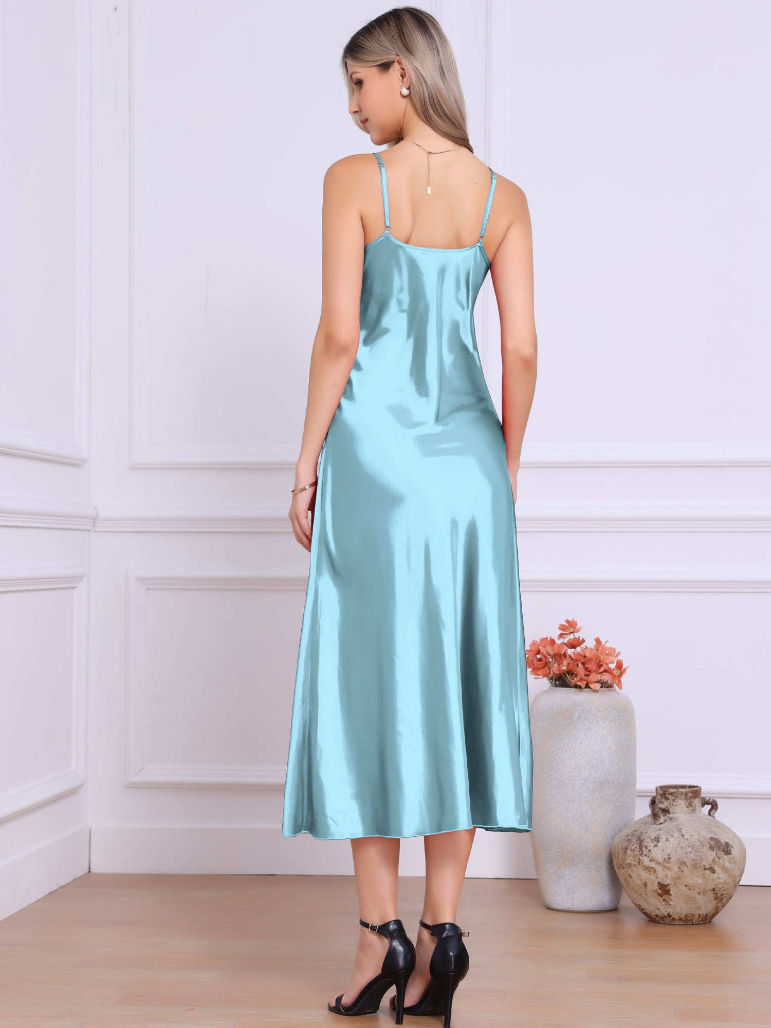 DARING DIVA Satin V Neck Spaghetti Strap Silky Maxi Dress S Light Blue