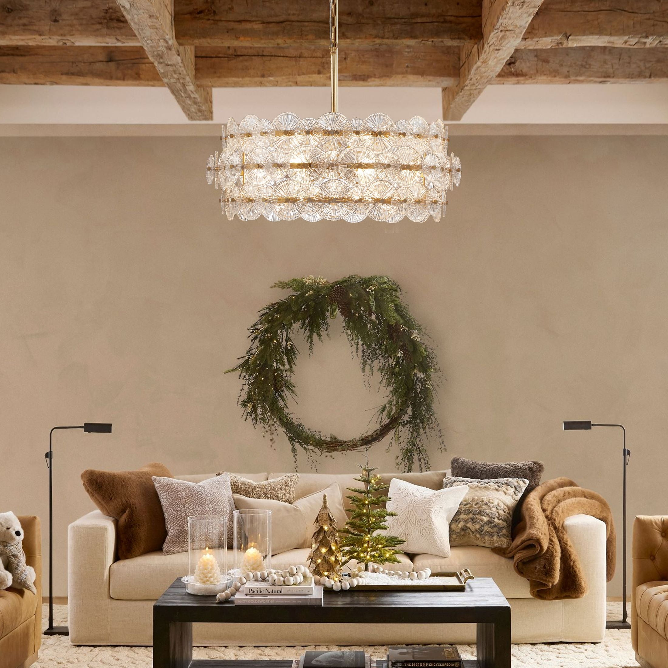 KAWOTI 6-Light Gold Glam Chandelier, DIY Island Pendant Light with Hand-Made Glass Discs for Living Room Dining Room Bedroom Hotel