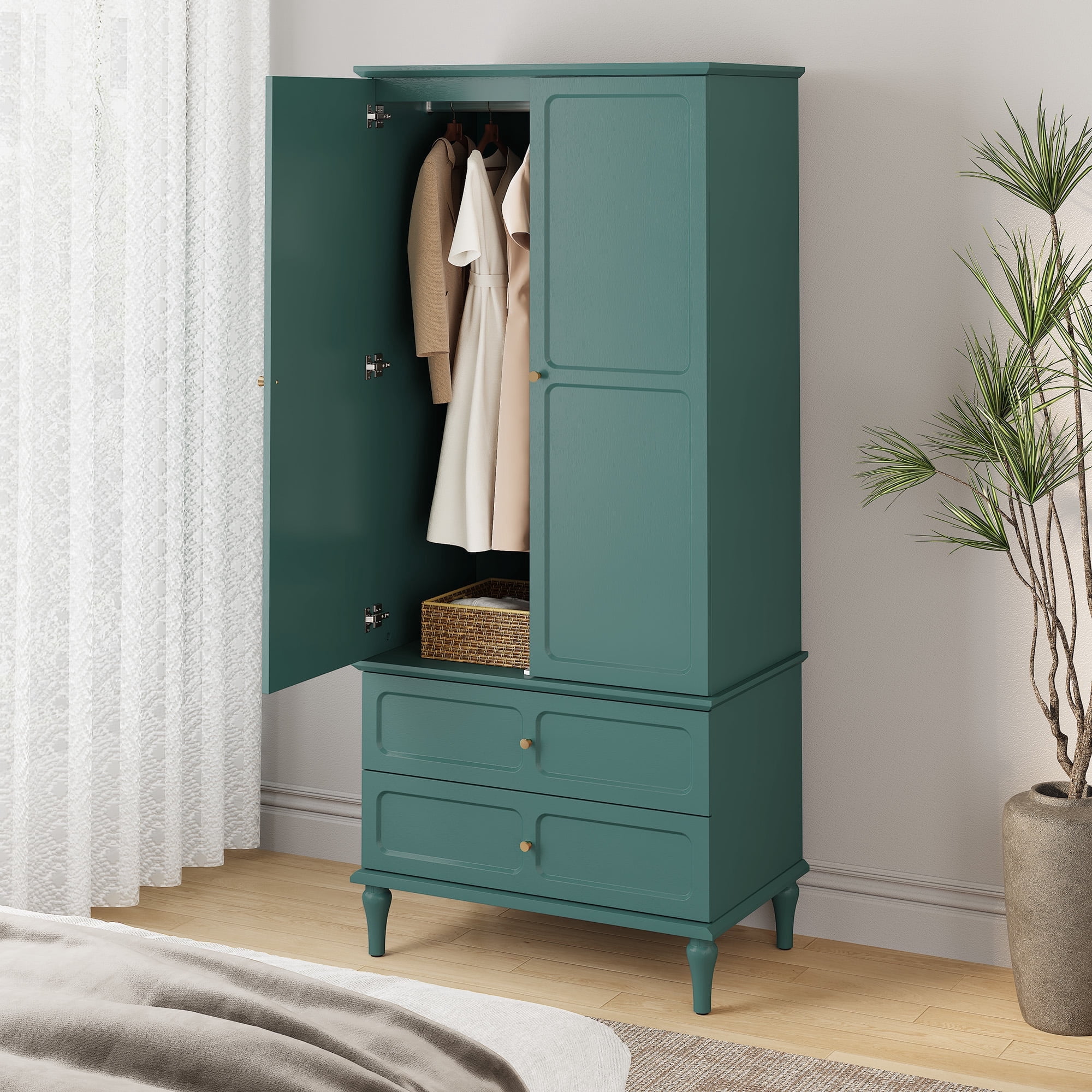 HLR 71" Tall Modern Wood Armoire Wardrobe Closet, Freestanding Cabinet with Hanging Rod for Bedroom, Green