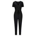 thumbnail image 3 of Abomasnow Jumpsuits for Women Casual Summer Short Sleeve V Neck Drawstring Waist Long Pants One Piece Rompers with Pockets, 3 of 5