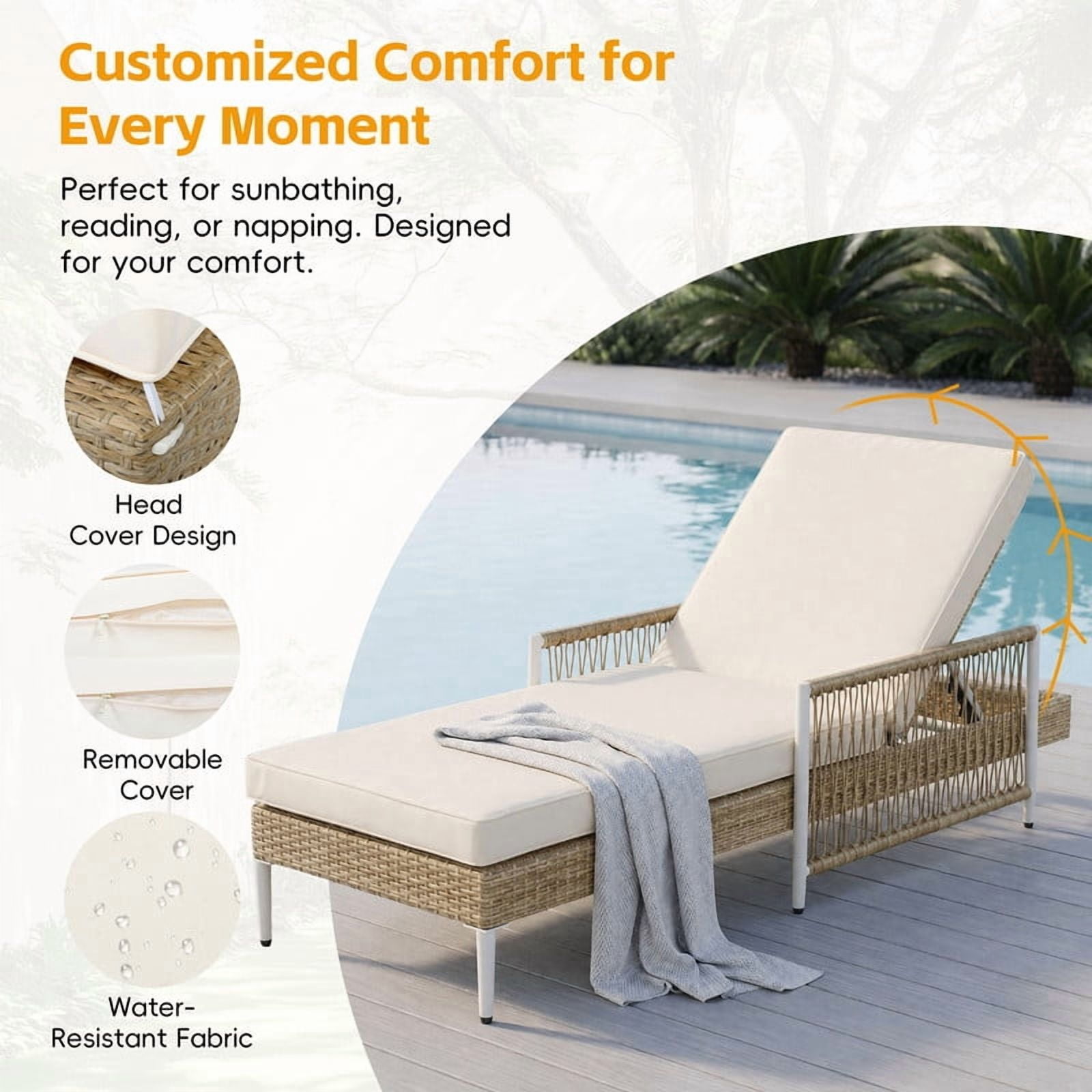 Howcool Outdoor All-Weather PE Rattan Chaise Lounge,Hand-Woven Wicker Patio Recliner with 6 Adjustable Positions, Armrests, Thick Cushion & Removable Cover,400 lbs Capacity,Beige