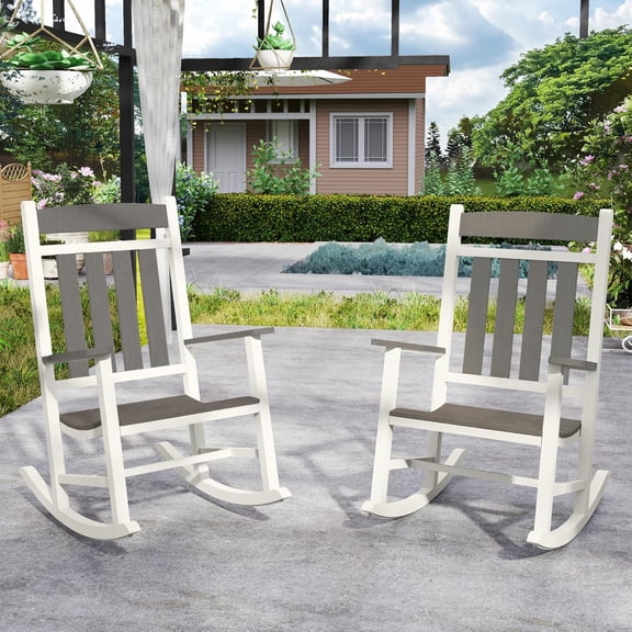 Outdoor Patio Rocking Chairs Set of 2, Made of Metal & WPC, Outside Oversized Porch Rocker Chairs with High Back for Adults, Weather Resistant Outdoor Rocker for Garden Lawn - White and Grey