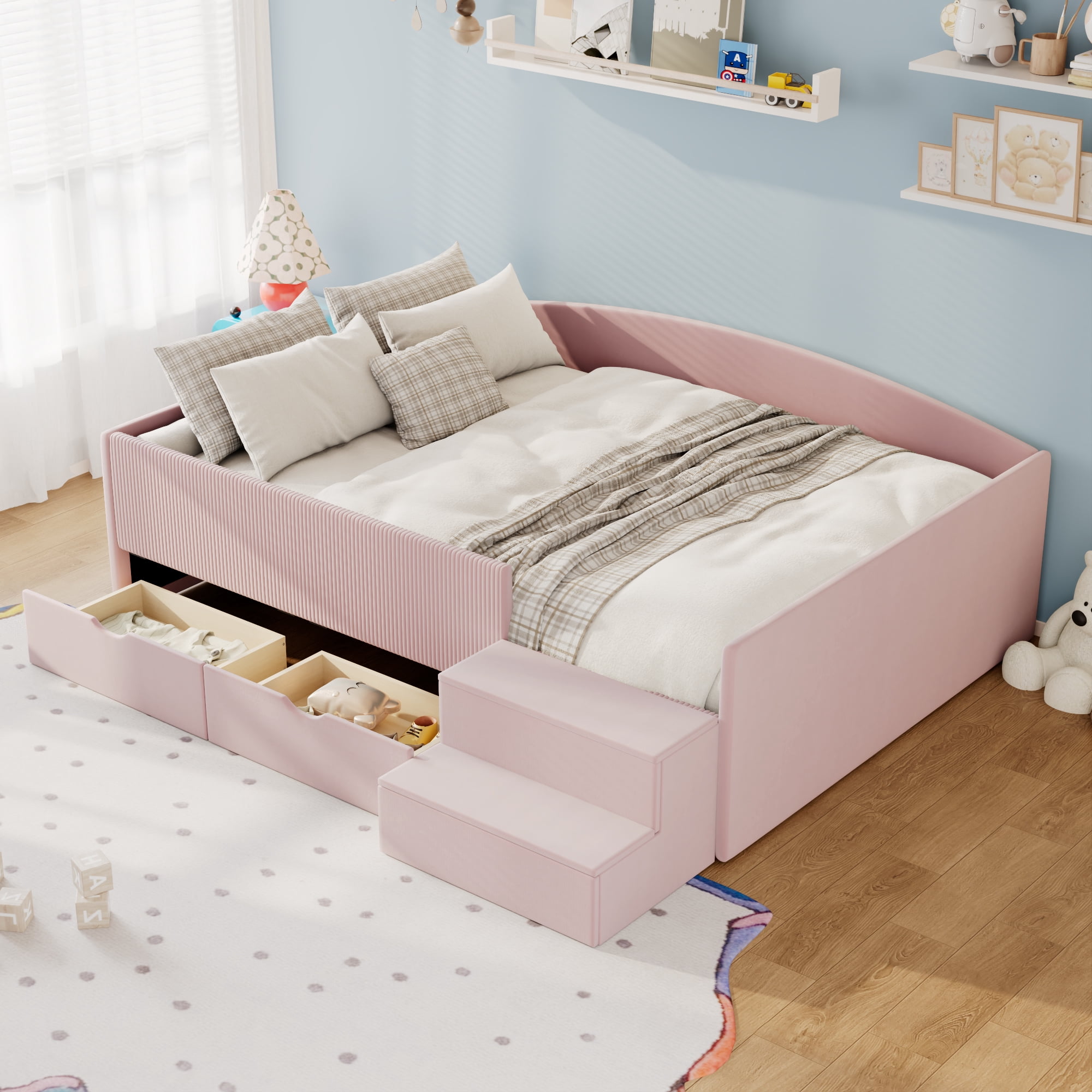 Mintazer Full Size Cute Upholstered Floor Daybed Frame with Safety Guardrail & 2 Storage Drawers & Stairs for Teens Kids, Pink