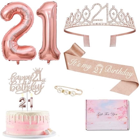 21st Birthday Decorations for Her Including Rose Gold 21st Birthday Sash with Pearl Pin Crown Cake Topper Candles Balloons Set Accompanying Beautiful Gift Box(Rose Gold)