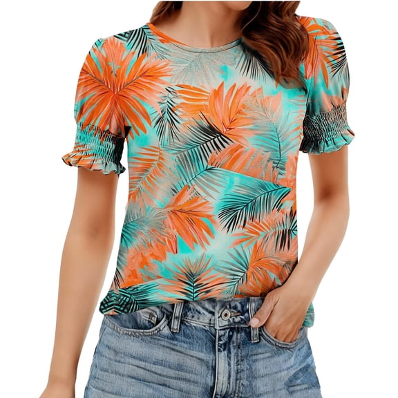 Fewfanhot T Shirts for Women Short Sleeve Tops Floral Boho Shirts Pleated Crewneck Summer Outfit Puff Sleeve Blouses Casual Tunic