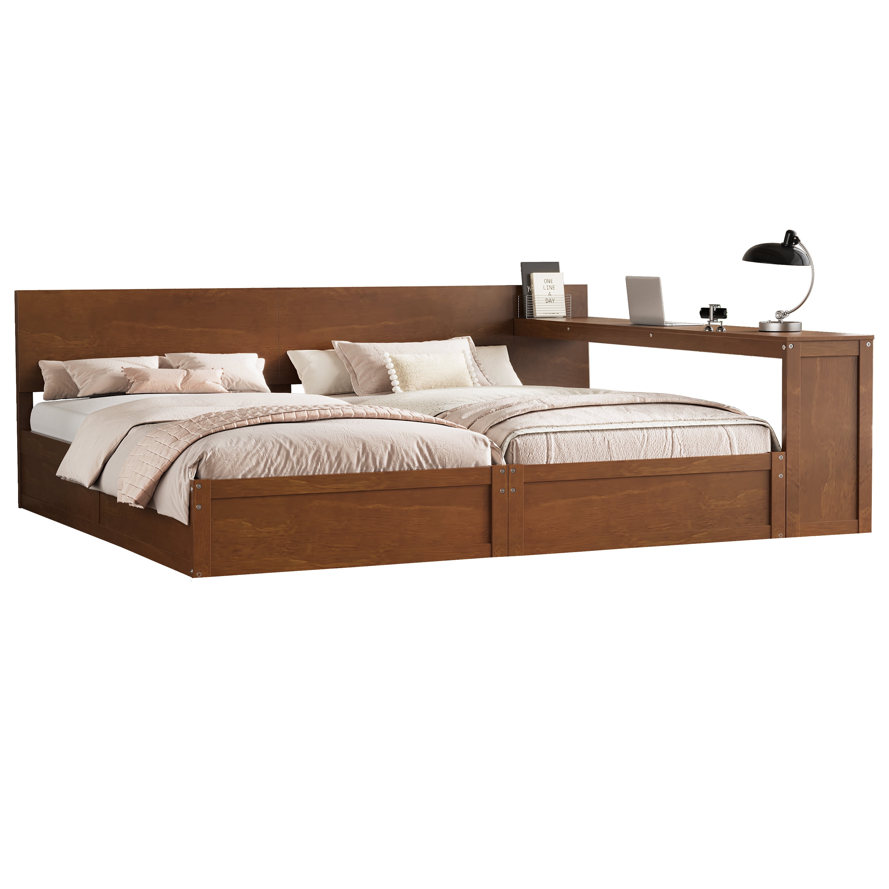 Mintazer Twin Size Double Platform Bed Frame with Adjustable Middle Storage Desk, 2 Twin Beds with Movable Workstation for Kids Teen Shared Bedroom Guest Room, Walnut