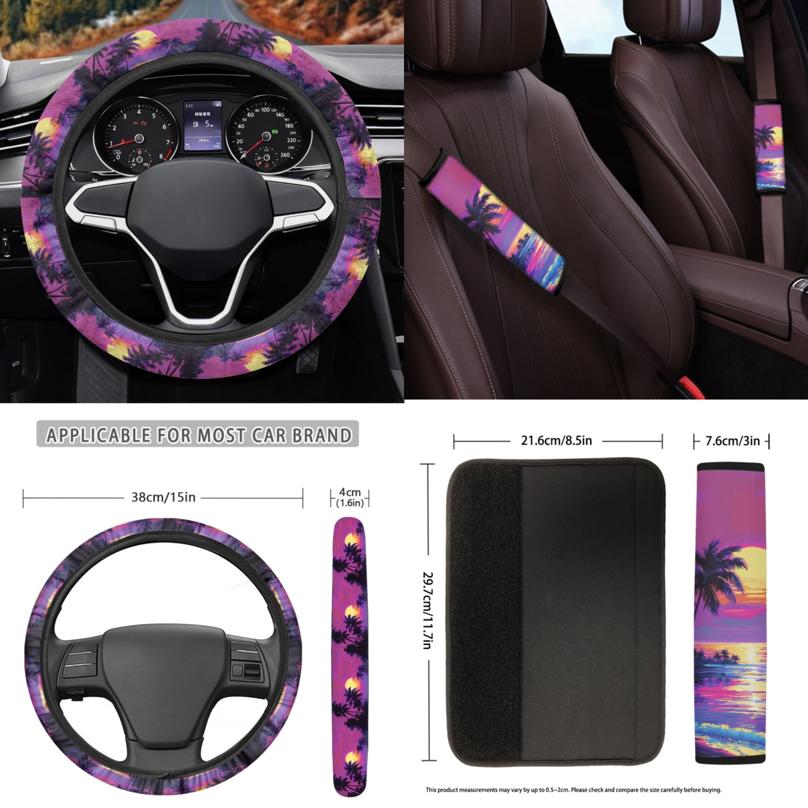 Yuyamidu Purple Sunset Car Seat Covers Full Set of 15 Seaside Steering Wheel Cover Seat Belt Cover Car Floor Mats Gear Shift Cover Cup Coasters, Easy to Install