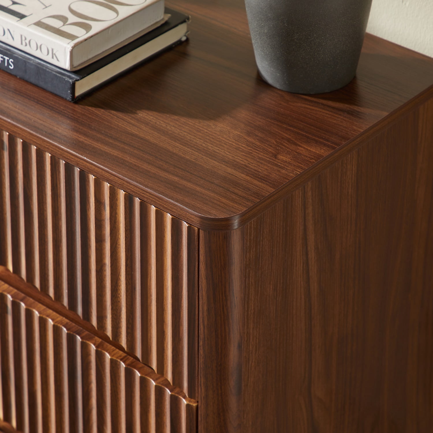 Hommoo Fluted 3-Drawer Dresser Set of 2, Mid-Century Modern Tall Chest with Vertical Grooved Design, Solid Wood-Look Particle Board & MDF Storage Cabinet for Bedroom or Living Room, Walnut