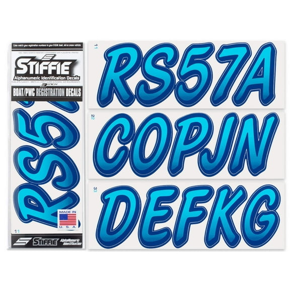 STIFFIE Whipline Sky Blue /Navy 3" Alpha-Numeric Identification Custom Kit Registration Numbers & Letters Marine Stickers Decals for Boats & Personal Watercraft PWC