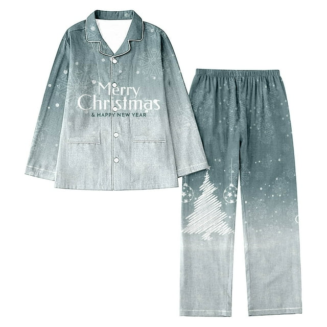 Kcodviy Femmes Noël Col à Revers Complet Chemise de Pyjama pour Femmes Imprimé Père Noël Vacances Tenue de Pyjama Décontractée pour Femmes Flocons de Neige Manches Longues Pantalon Pyjamas Femmes Deux Mignon Ensemble