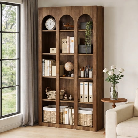 5-Tier Farmhouse Arched Bookcase - 70.87 Inch Mid Century Modern Open Storage Shelving Unit for Home Office Decor (Rustic Brown)