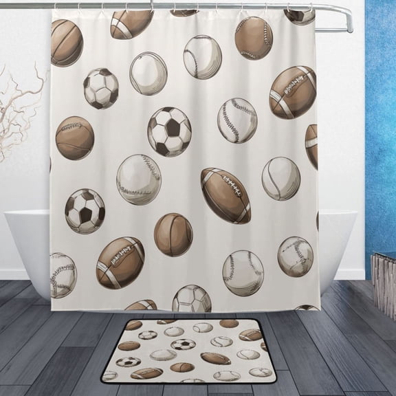 TTYFWHD 60" x 72" Shower Curtain and Bath Mat Set Vintage Multi-sport Ball Pattern Waterproof Bathroom Curtain with 12 Hooks, Bathroom Decor Set