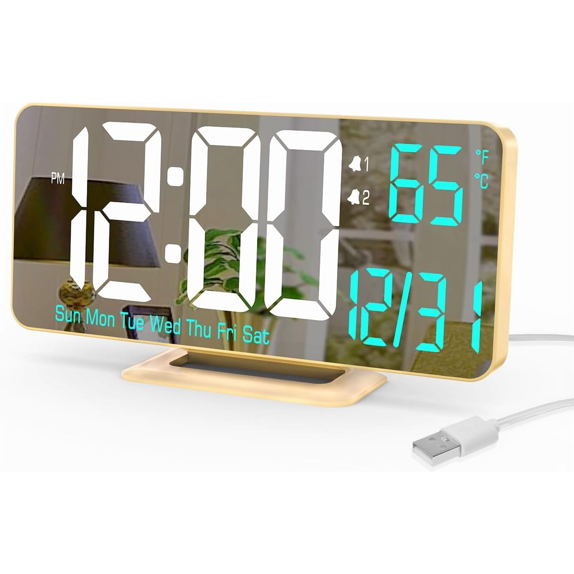 Dual Alarm Clock 6 . 7 in Gold Desk Clock with Dimming, 12 / 24 h, Seconds, Date, Day of Week, Temp, Digital Dual Alarm Clock 6 . 7 in Gold Desk Clock with Dimming, 12 / 24 h, Seconds, Date, Day of Week - b