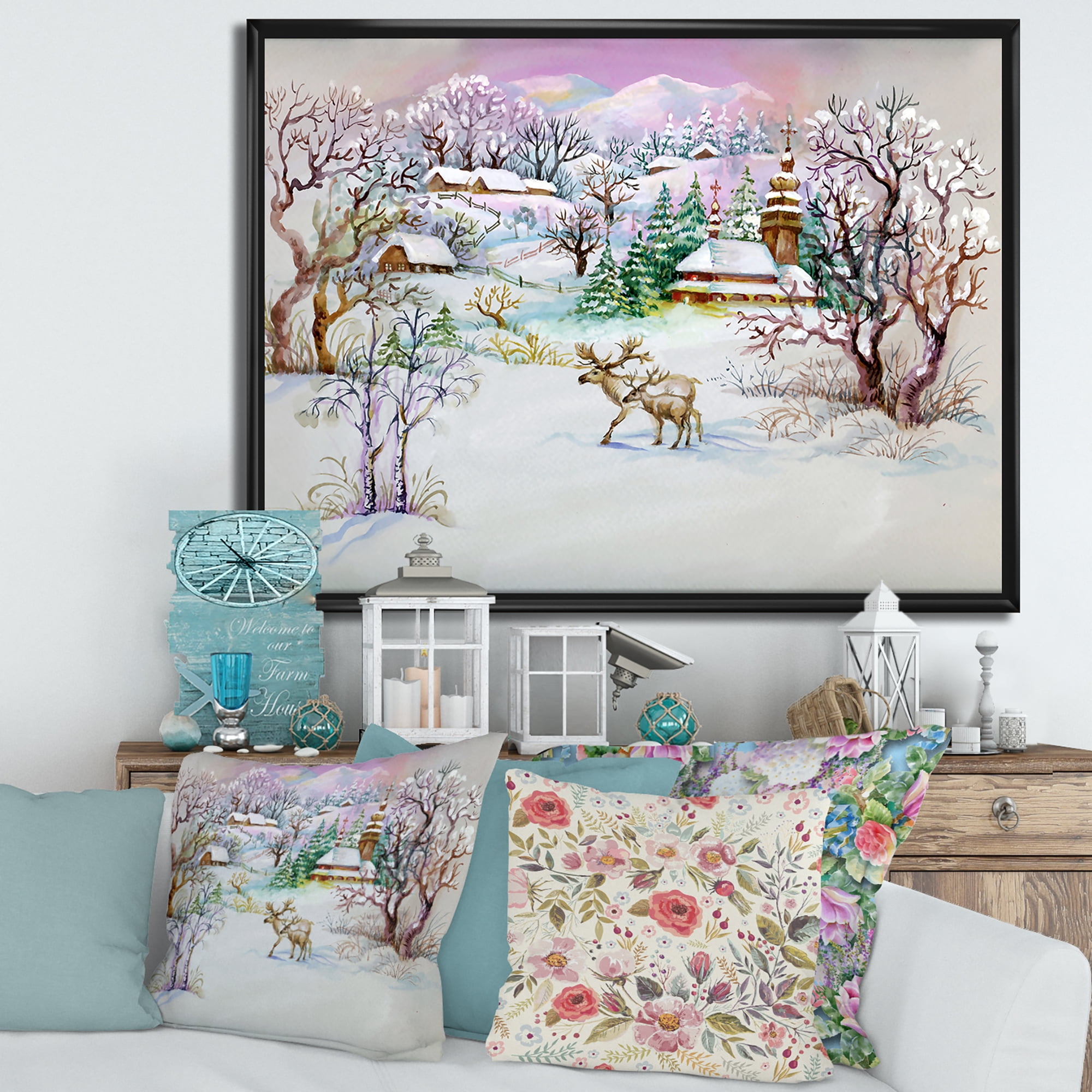 Winter Village Life Landscape 20 in x 12 in Framed Painting Canvas Art Print, by Designart