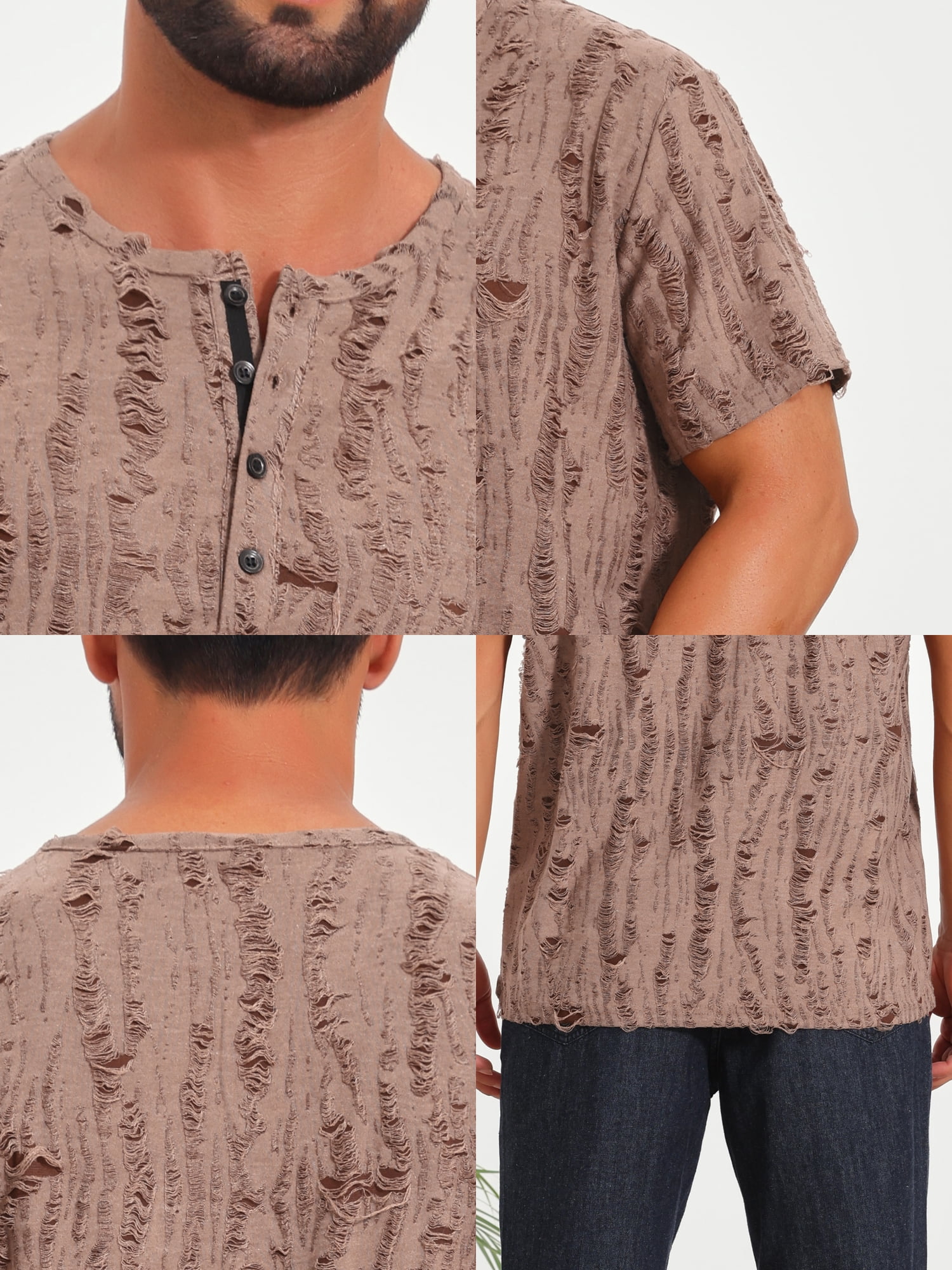 DARING DIVA Men's Ripped Henley Retro Short Sleeve Button Down T-Shirt L Brown
