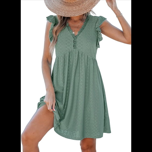 Vestido Tipo Cárdigan de Corta con Cuello en V y Ribete de Encaje, Verde, Talla L