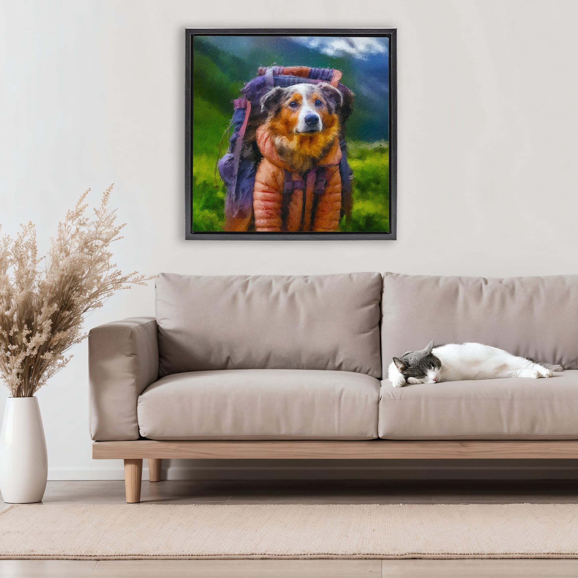 Stupell Industries Backpacking Hiker Dog Black Framed Floater Canvas Wall Art, design by Sean Parnell