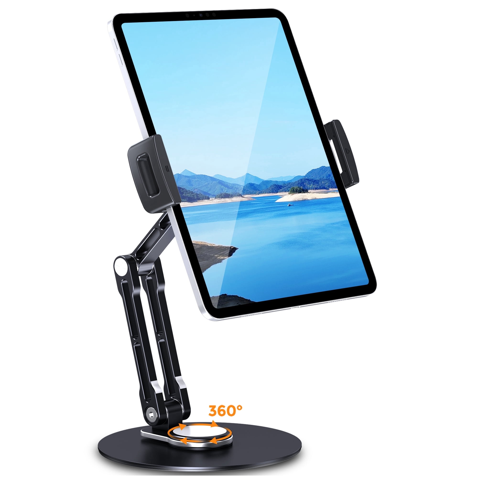 Lucrave Tablet Stand Holder for iPad, Adjustable with 360 Rotating Base for Desk, Aluminum Swivel Tablet Stand Compatible with iPad Air, Mini, 10.2,9.7, Pro 11/13 and More, Black