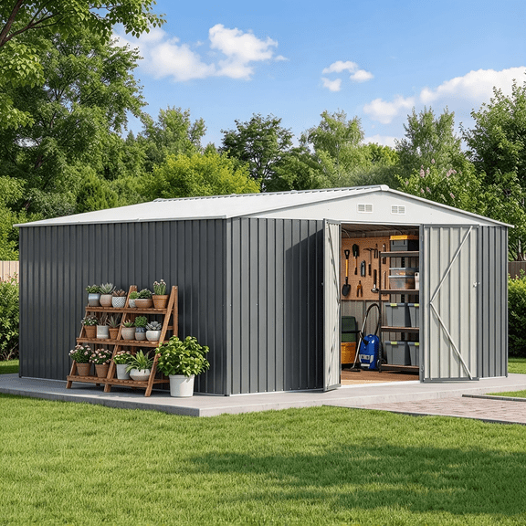 10x14 FT Outdoor Storage Shed, Gray | Large Metal Tool Sheds, Lockable Door, Sloping Roof, Utility Garden Shed for Lawn Backyard Patio