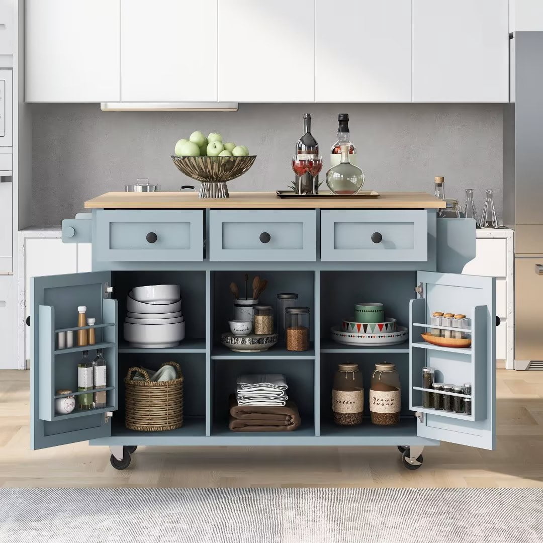 ARCTICSCORPION Portable Kitchen Islands with Storage Cabinet and 3 Drawers, Faux Wood Blue, 53.10 in