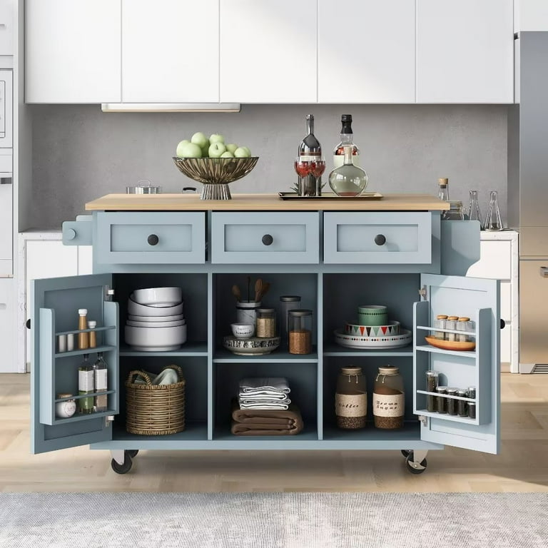 Kitchen Island Cart, Island Table for Kitchen, Rubber Wood Drop-Leaf  Countertop, Mobile Portable Kitchen Island with Storage Cabinet & 3  Drawers