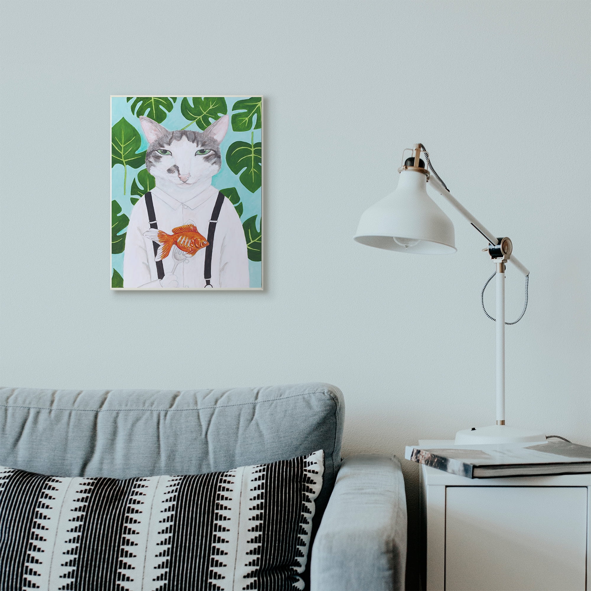Stupell Industries Cat Goldfish Dinner Funny Animal Portrait Painting Wall Plaque by Sally B, 13" x 19", Wall Plaque