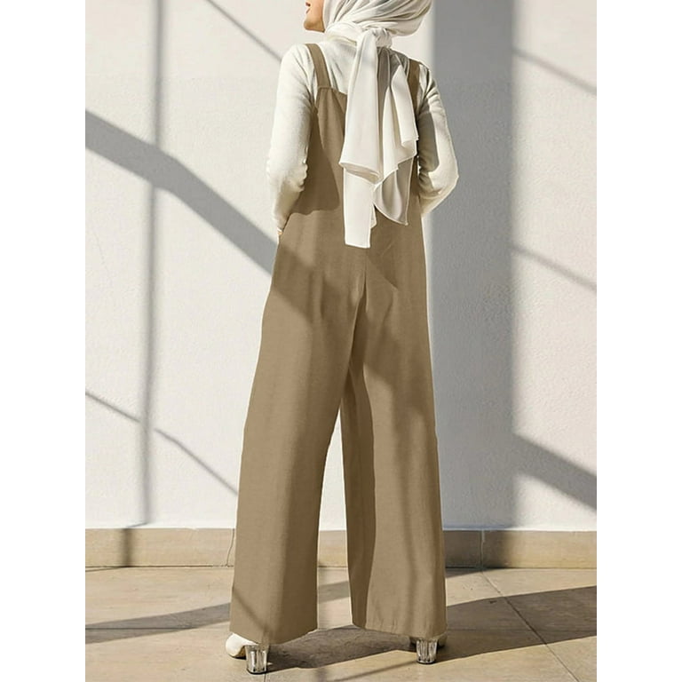 ZANZEA Women Muslim Square Collar Overalls Long Wide Leg Pants