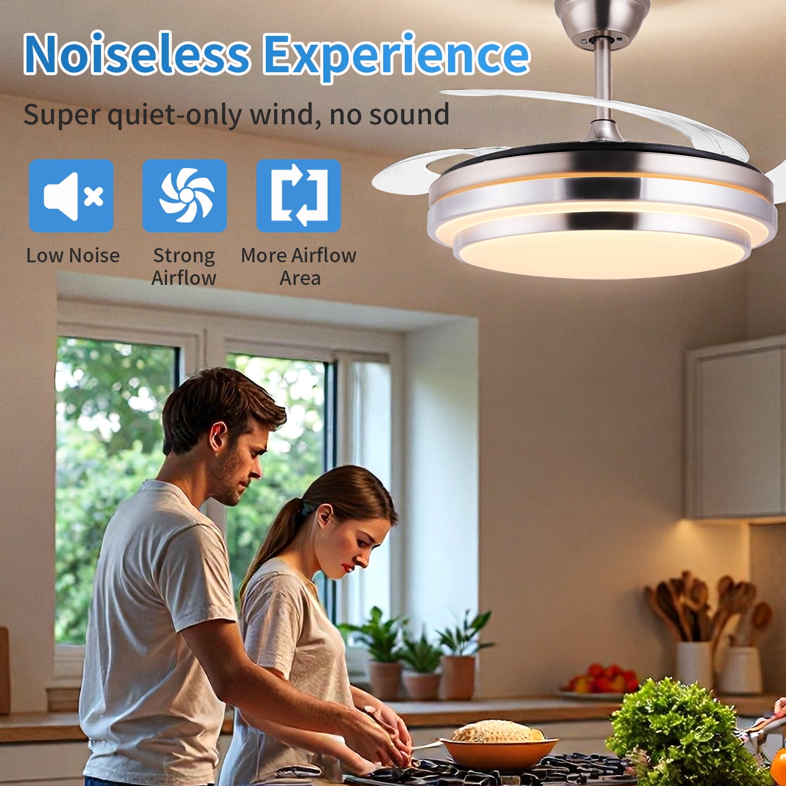 Smart Retractable Ceiling Fan with Light, 42 Inch Fandelier Remote Control, 3 Color Temperature Dimmable LED, 6 Speed Quiet Reversible DC Motor for Bedroom Living Room Kitchen
