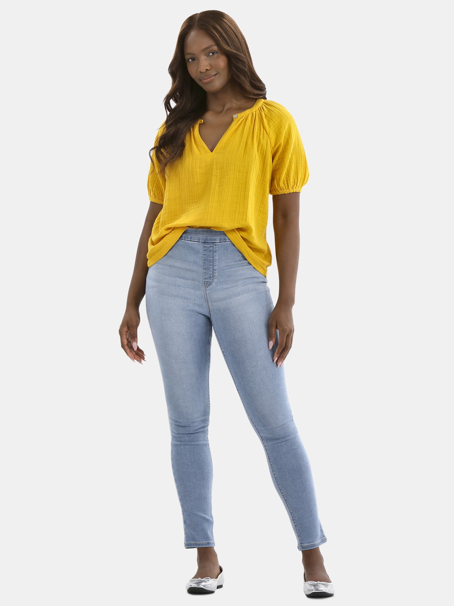 Time and Tru Women's Double Cloth Cotton Top with Short Sleeves, Sizes XS-XXXL