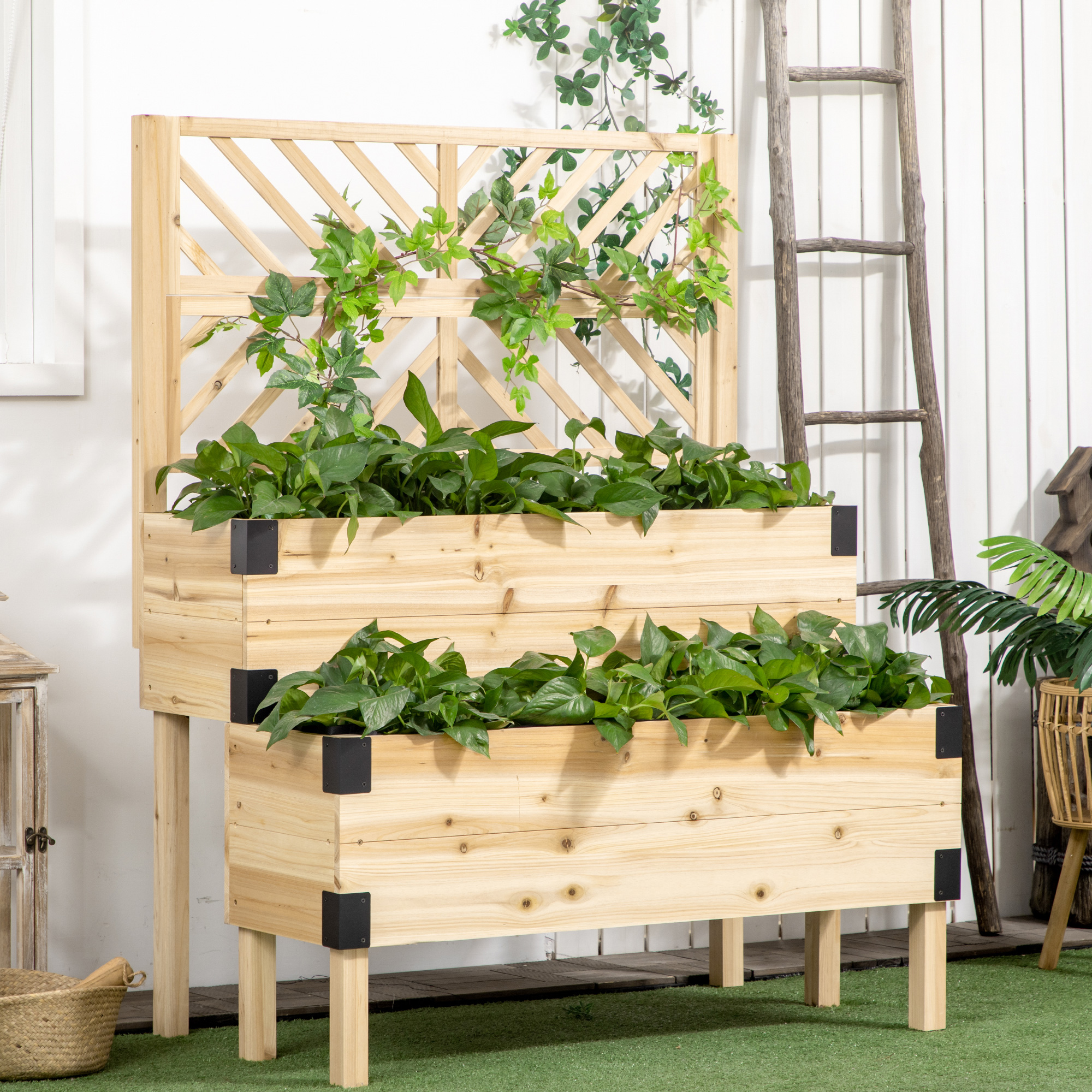 Raised Garden Bed Wood Elevated with Legs Trellis Above Ground Standing Planters Boxes 2 Tier Outdoor for Vegetables Flower Plants Herb, Natural