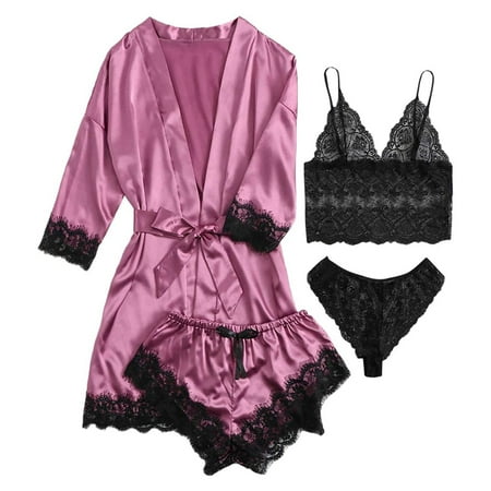 

Pajamas For Women Nightgown 4-Piece Garter Lingerie Set Robes Lace Bodysuit Deep-V Neck Underwear Womens Nightgown Long Loungewear