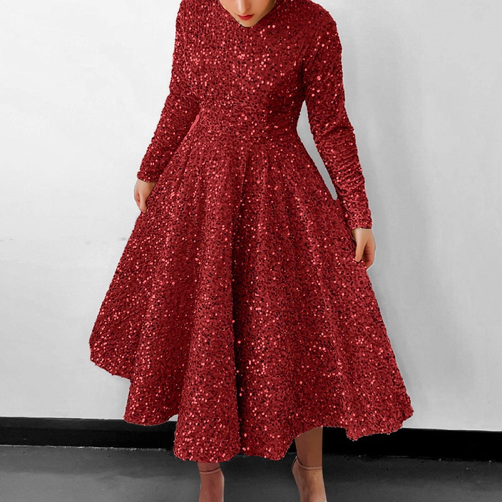 WNVMWI Sequin Formal Dresses for Women Evening Party Casual Loose Long  Sleeve Long Dress Solid Color Maxi Dress Red - Walmart.com