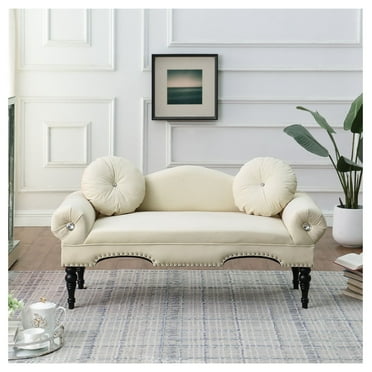 54"Width Modern Velvet Upholstered Loveseat Sofa Accent Bedside Entryway Bench Small Sofa 2 Seater Couch Settee for Living Room Bedroom Nail Head Trimming with Wood Legs 2 Pillows,Beige Fabric