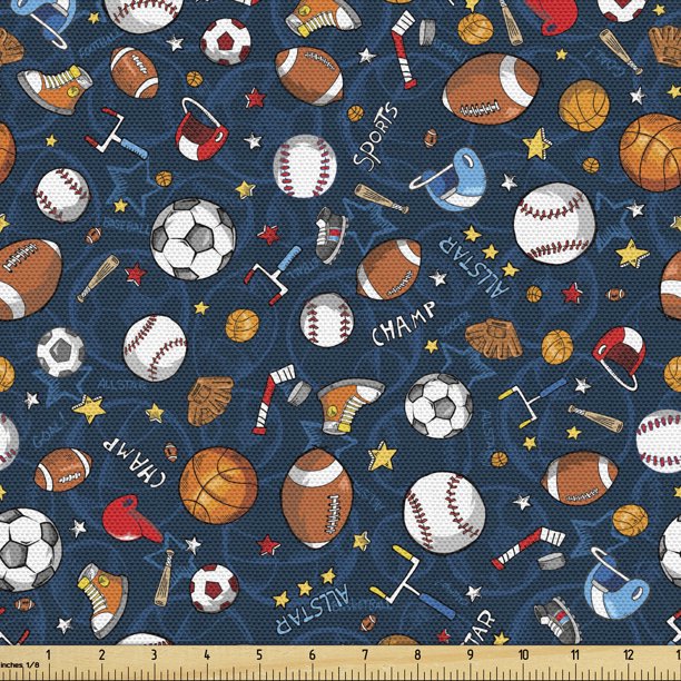 Sport Fabric by the Yard Upholstery Many Basketball Baseball and Football Champ Gloves Dark