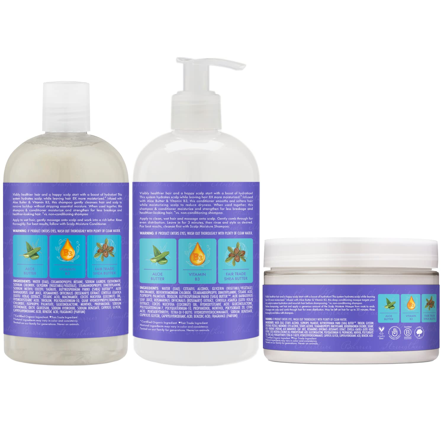 Shea Moisture Shampoo (13 Oz) + Conditioner (13 Oz) + Pre-Wash Masque (4 Oz) Dry Scalp Shampoo And Conditioner 3Pc Bundle With Aloe Butter & Vitamin B3, Shea Butter Shampoo And Conditioner With M