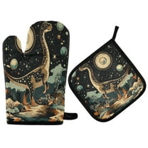 Yayeee Oven Mitts and Pot Holder Set of 2 Heat Resistant Kitchen Gloves Baking Hot Pad, Black Dinosaur