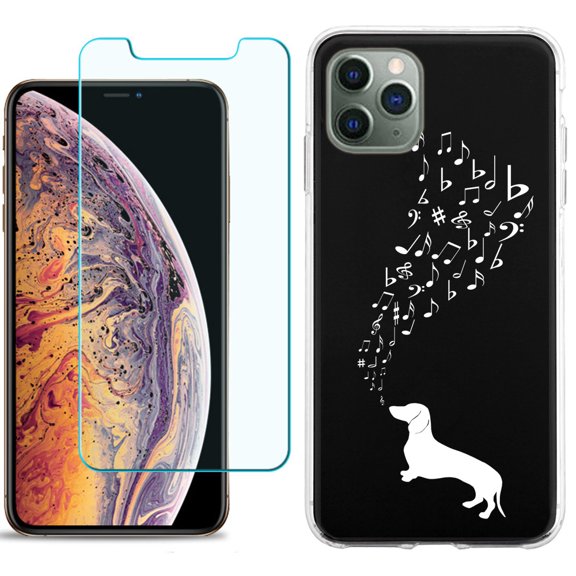 For Apple iPhone 11 Pro Case , Slim-Fit TPU Protective Phone Case with Tempered Glass Screen Protector, by OneToughShield ® - Dachshund/Puppy Music