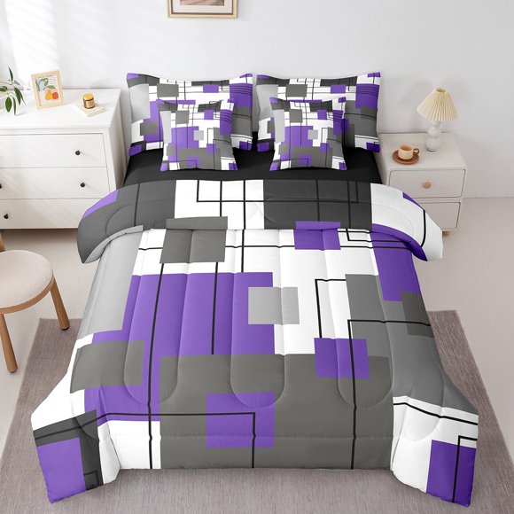 YST Black White Grey Purple Bed In A Bag Queen Geometric Square Comforter Set 7 Piece For Kids Girls Adults Women Modern Geometry Stripes Bedding Comforter Sets Abstract Line Bed Set