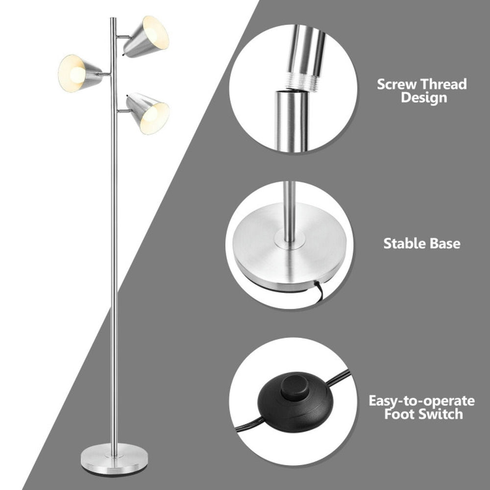 Resenkos Modern Floor Lamp, Pole Lamp,64 Inch 3-Light LED Floor Lamp Reading Light for Living Room Bedroom-Silver