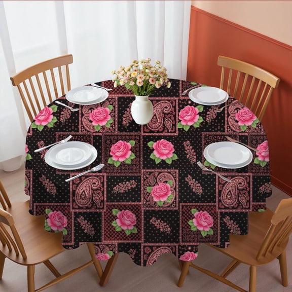 Pioneer Flower Floral Print Pattern Round Tablecloth 70"x70", Wrinkle Resistant Wipeable Table Cover for Kitchen Dining Room Picnic Patio and Party