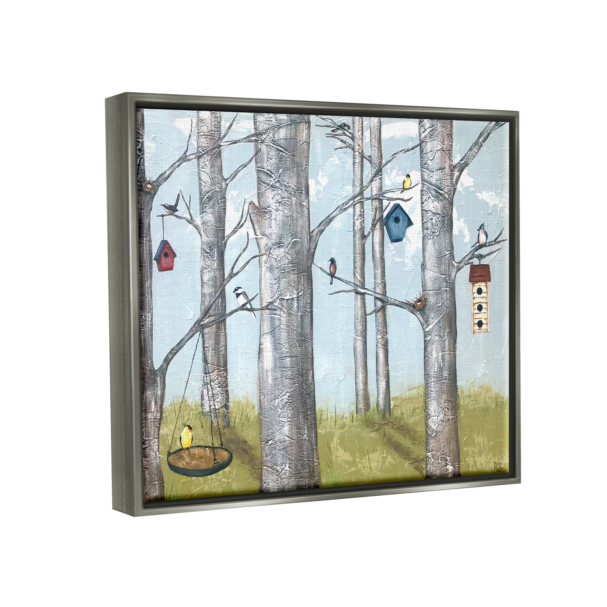 Stupell Industries Birdhouses Woodland Birch Trees Animals & Insects Painting Gray Floater Framed Art Print Wall Art