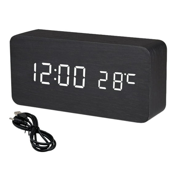 Wooden Alarm Clock with Large LED Screen Easy to Read Dimmable Snooze Digital Alarm Clock with Temperature Display,Black