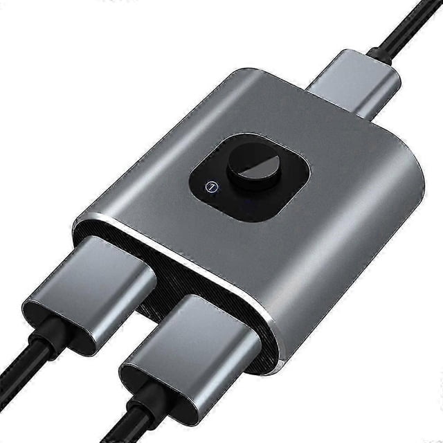 hdmi switch 4k hdmi splitter-techole aluminum bi-directional hdmi switcher 2 input 1 output, no external power required, support 4k 3d hd 1080p for xb — Conmutador HDMI bidireccional de aluminio gris oscuro en vista 3/4, carcasa rectangular compacta con botón circular central negro y LED indicador; muestra dos puertos HDMI metalizados en la parte inferior y un cable conectado en la superior; plug-and-play sin fuente de poder, medidas 4.8×5×2.3 cm; también suele usarse para alternar una fuente entre dos monitores o combinar dos fuentes en un monitor.