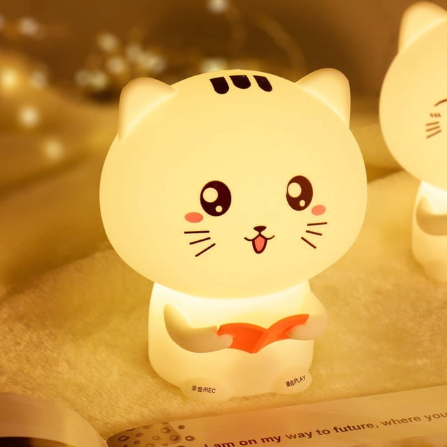 Luz nocturna para niños, linda lámpara de silicona con forma de gato, luz nocturna portátil con sensor táctil LED con grabación y cambio de color al tocar, luz inteligente