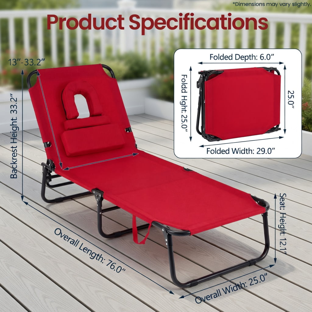 Hommoo Portable Folding Face-Down Tanning Chair with Adjustable Backrest, 3 Removable Zippered Pillows, Heavy-Duty Oxford Fabric, Red