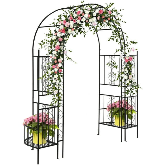 Qiushi Garden Arbor with Planter Boxes, 7FT Wedding Arches for Ceremony, Metal Garden Arch for Climbing Plants Outdoor, Black Garden Archway for Lawn, Patio and Backyard, Includes Ground Stakes