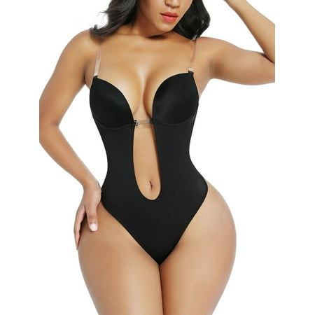 

Gustave Invisible Shapers Plunge Backless Body Shaper Bra Bodysuits Seamless Thong Women Deep V-Neck Clear Strap Bra for Party Dresses Black L
